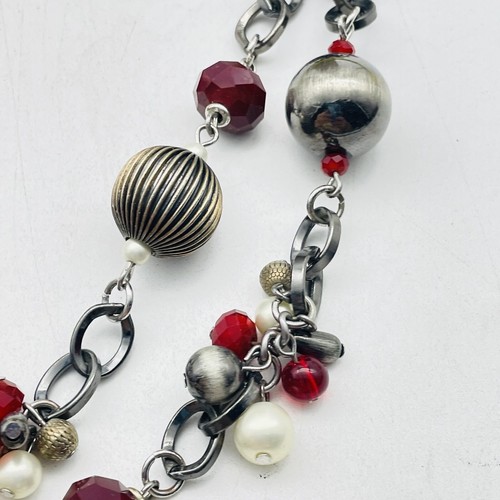 Signed PREMIER DESIGNS Necklace Double Strand Silver Tone Red Gray Faux Pearl - Picture 7 of 7