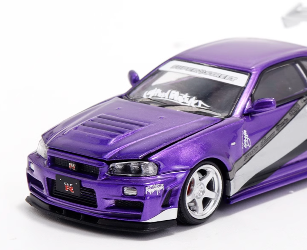 CR TM 1:64 JDM Purple Skyline GTR R34 Racing Sports Model Diecast