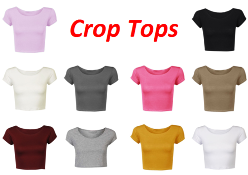 New Womens Ladies Short Sleeve Crop Top T-Shirt Vest Round Neck Stretch size8-14 - Picture 1 of 25