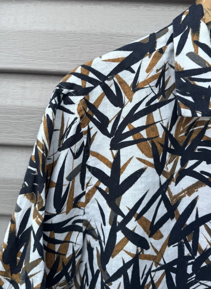 Theory Daze P Pinal Blue Tan Men's Button Up Camp Shirt Short Sleeves Linen - Image 2 of 4