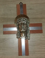Vintage 8" Wall Crucifix Cross Jesus w/Crown of Thorns Wood/White Brass Italy