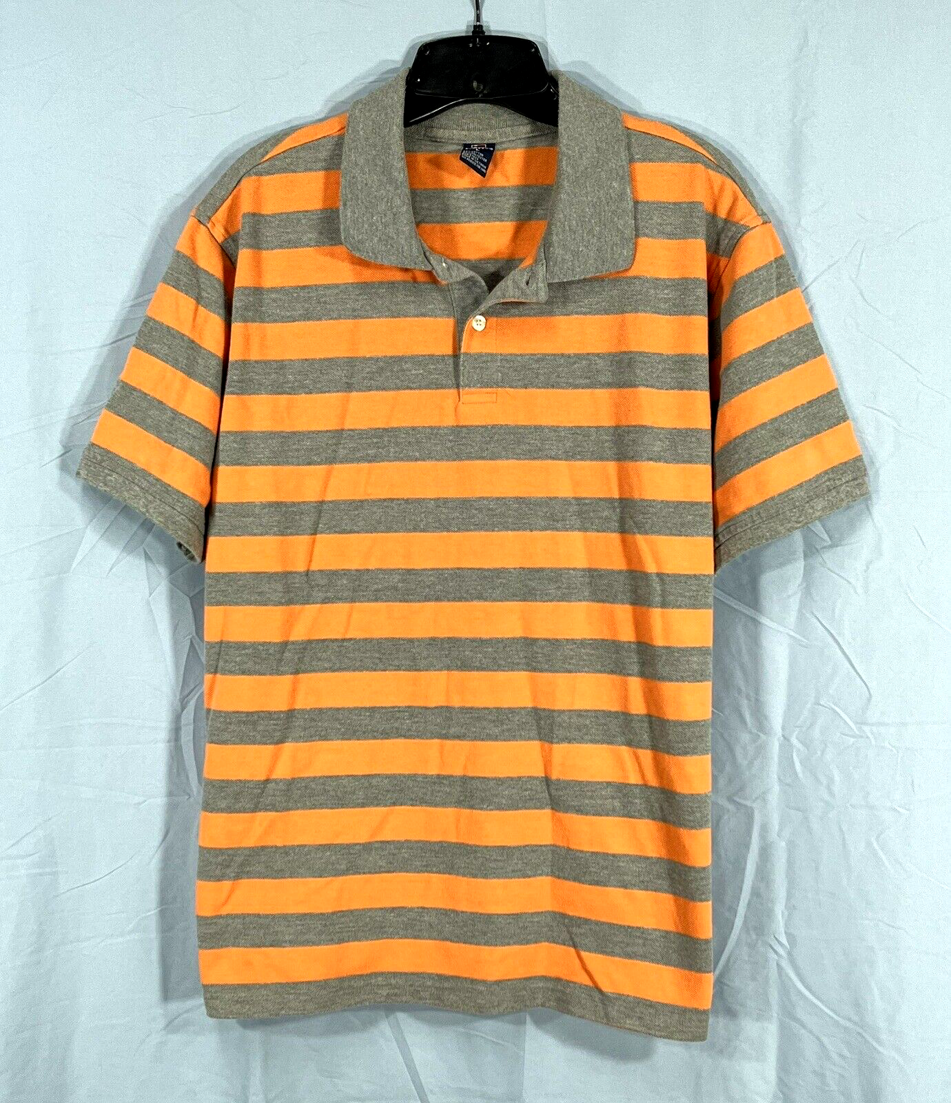VTG BUGLE BOY Men's ORANGE/GRAY Striped JERSEY KNIT Short Sleeve POLO SHIRT Sz L