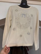 Orvis Cream Lambswool & Angora Holiday Christmas Sweater Long Sleeve Size Medium