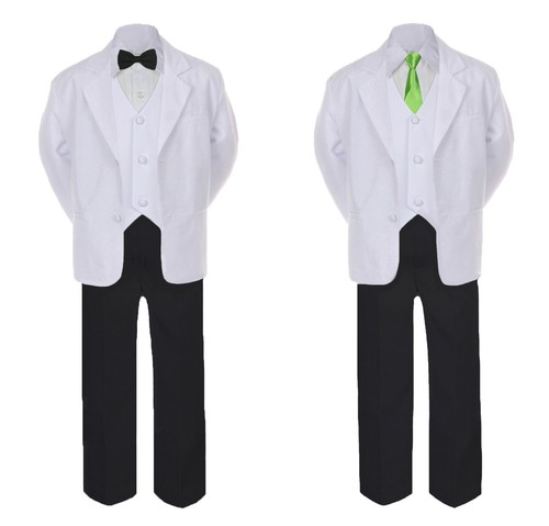 6pc Toddler Boy Teens Formal Black Pants White Wedding Suit Satin Necktie 4T-20 - Picture 15 of 25