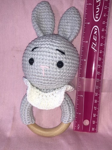 Natural Wood Ring Crochet RABBIT Baby Teething Handmade Rattle Toy NEW - Picture 17 of 49