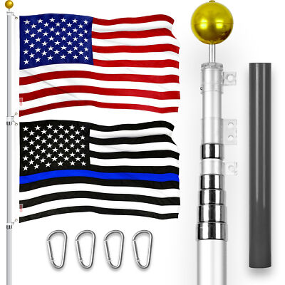 25Ft Telescoping Flagpole SV & American and Thin Blue Line Flags Emb 300D 3x5Ft