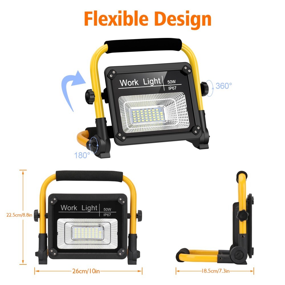 50W LED Portable Work Light Stand Floodlight 5000mA Rechargeable Light
