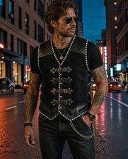 Men's Black Leather Biker Vest, Handmade Motorcycle Vest, Gothic Leather Vest