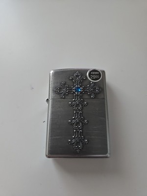 Zippo 2004 Gothic Cross Pewter & Brushed Silver W/ Blue Stone New