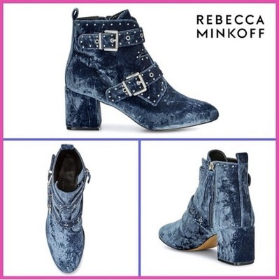 Rebecca Minkoff Logan Embellished Blue Silver Buckle Studded Bootie Boot Sz 8
