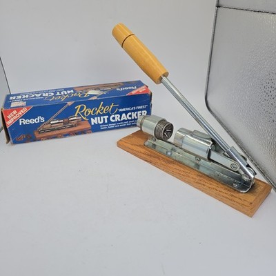 Vintage Reed's Rocket Nut Cracker Walnut Pecan Wood Base With Handle In Box USA 