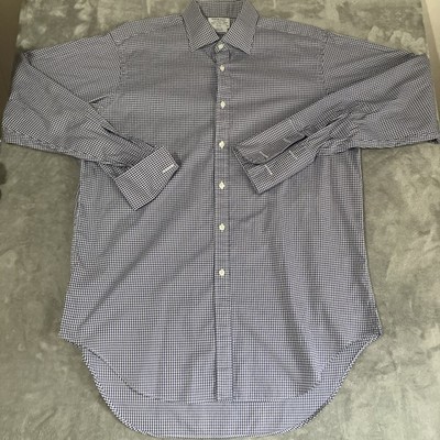 T. M. Lewin Mens Button Up French Cuff Shirt 17 36 Blue & White Gingham Check