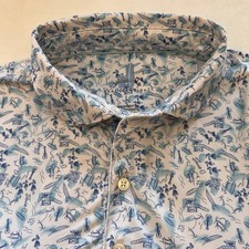 Johnnie-O Featherweight Polo Shirt Blue White Surf Guitar Tropical Men's L LOGO