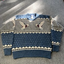 Vintage 90s Woolrich Sweater Mens Large Blue Mallard Ducks Wool Hunting Crewneck