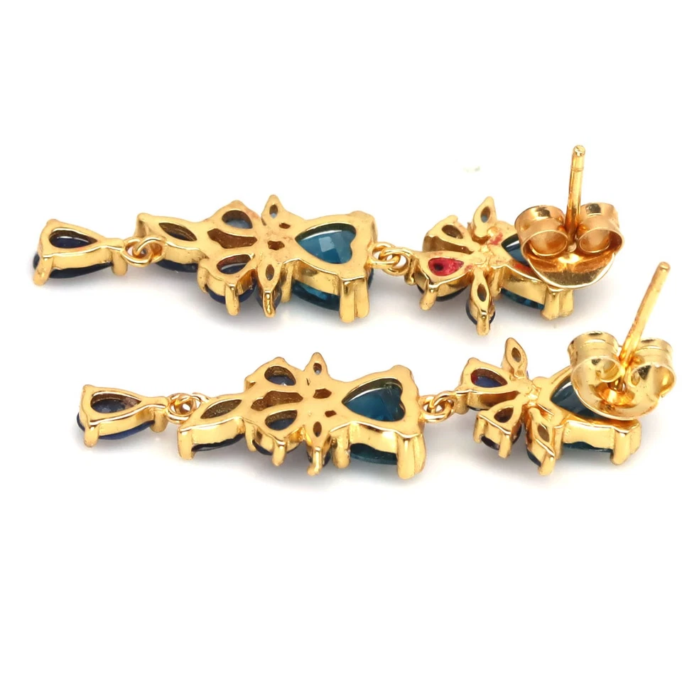 925 Silver 6 x 6 MM. London Blue Topaz & Blue Sapphire Made in Thailand Earrings - Image 3 of 4