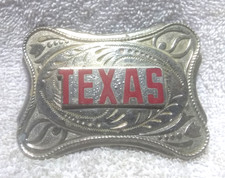 Raised Red Letters TEXAS State Belt Buckle Silver Engraved Edge Great Vintage