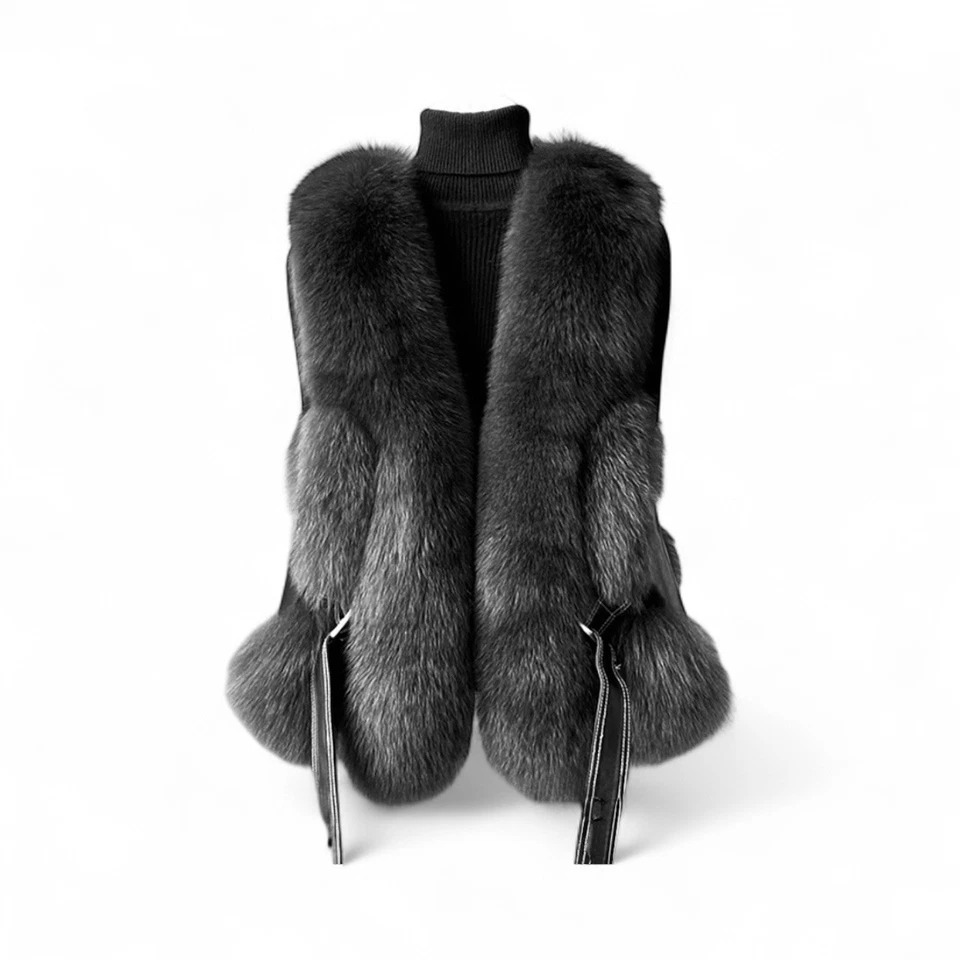 Chaleco recortado de piel de zorro sintético negro talla S Foto 3 de 4