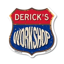 Derick's Workshop Shield Shaped Sign Weather Resistant Crafted in the USA