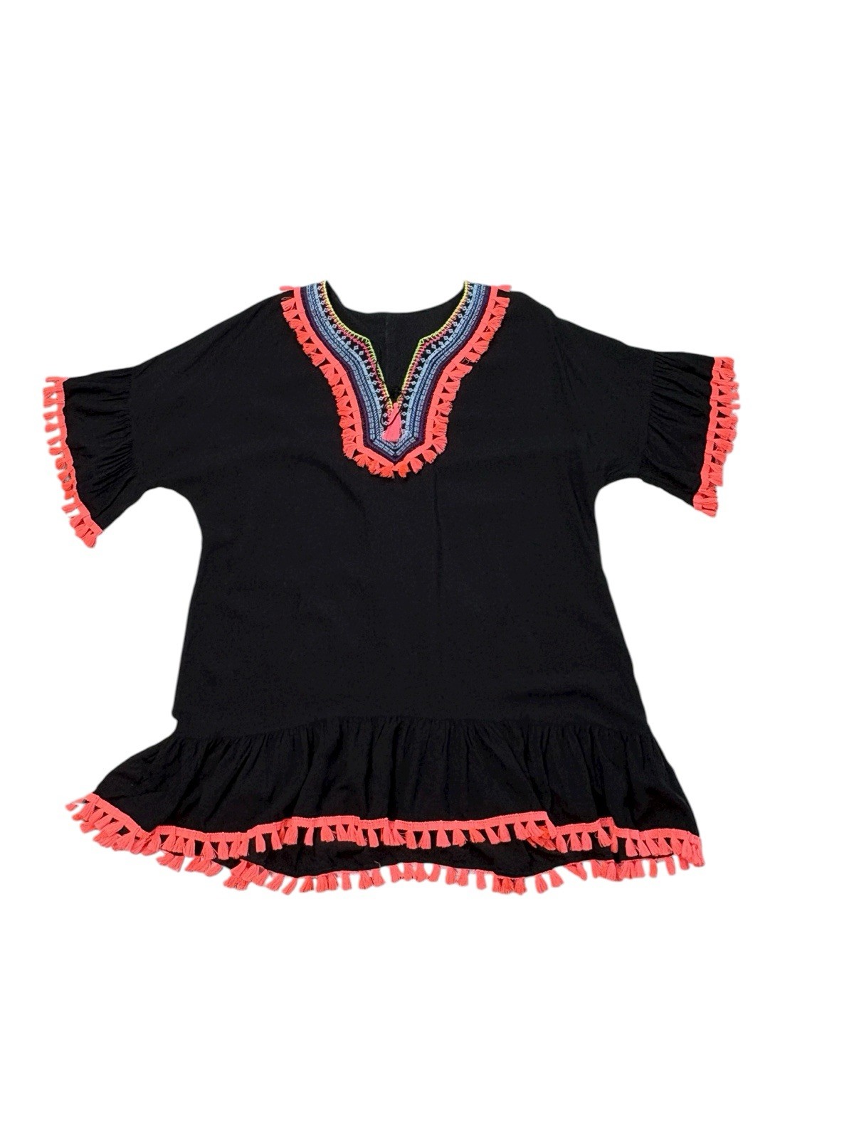 Swimsuit Beach Cover-Up Dress Black Embroidered Tassle Fringe Resort Travel-image