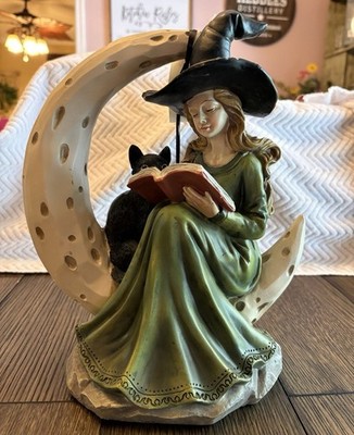 Bella Lux Halloween Witch Reading Book Figurine w/ Black Cat Crescent Moon Resin