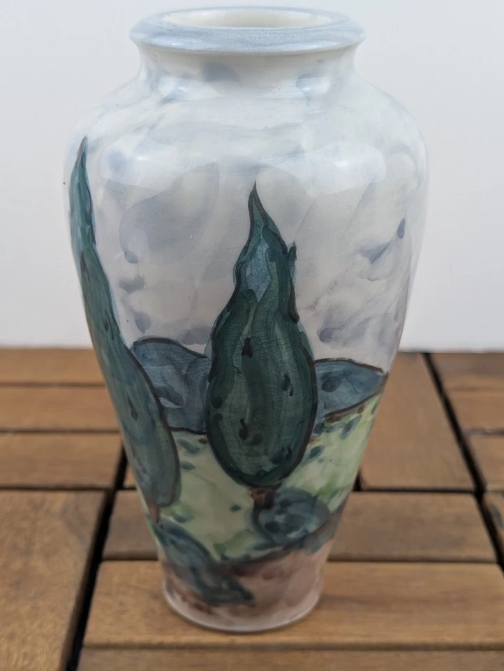 Jarrón artístico esmaltado FIRMADO artista 8" paisaje único árboles camino pintado a mano raro Foto 4 de 4