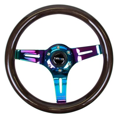3-Spoke Classic Black Wood Grain Steering Wheel w Neo Chrome Spokes