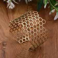 Estate 18K Yellow Gold Over Honeycomb Cuff Wide Hexagon Bangle Bracelet Women's