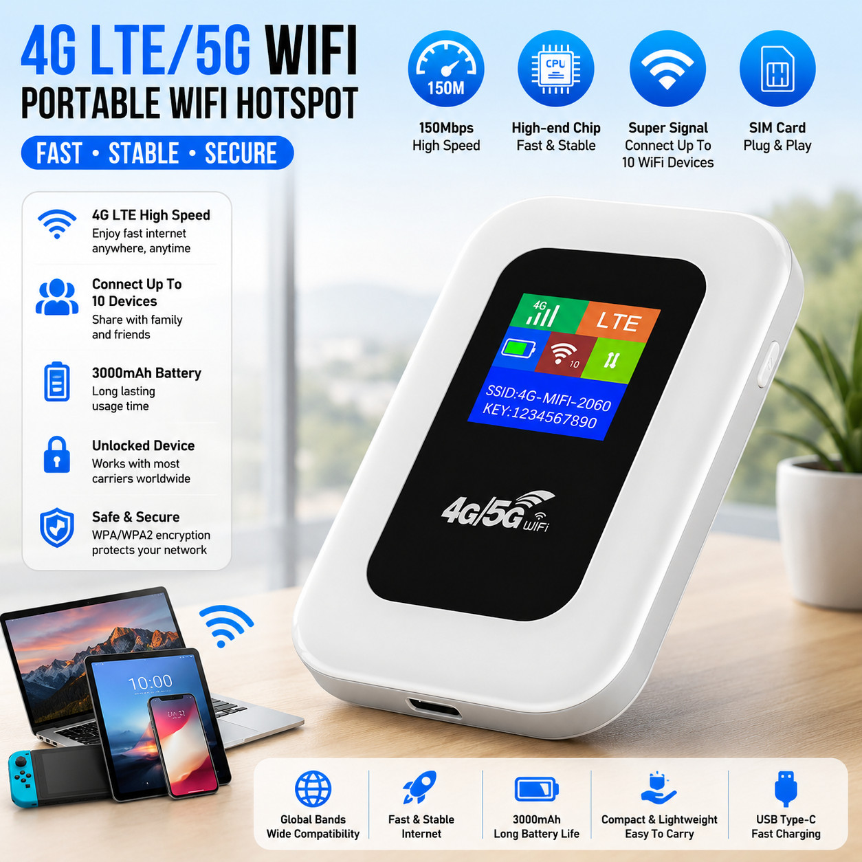 Unlocked Hotspot LTE 5G Wireless WiFi Router Mobile Broadband MIFI LCD 3000mAh
