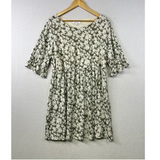 Gilli Floral Print Dress Green Cream Ruffle Sleeve Elastic Waist Midi Women 1X
