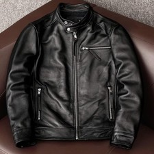 Men's Black Genuine Lambskin Leather Motorcycle Biker Real Jacket Cafe Racer Zip