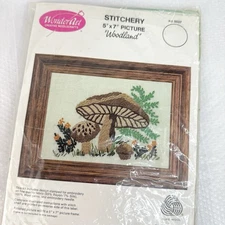Vtg Wonder Art Stitch Wool Crewel Embroidery Kit Mushroom Woodland Needlecraft
