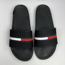 Sandalias negras con textura Tommy Hilfiger Ennis Pool Slide para hombre talla 10M logotipo de bandera