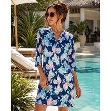 Tango Mango Collection Women's Tropical Koi Fish Dress Navy Blue M Midi LS