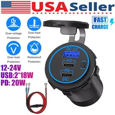 12-24V 3 Port Fast Car Charger QC3.0 & PD USB C Outlet Socket for Boat RV Marine