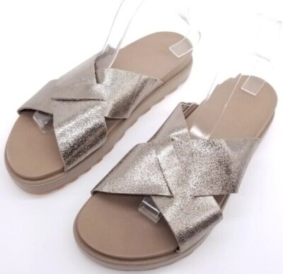 Sorel Size US Roaming Criss Cross Metallic Slides Sandals Champagne Gold 