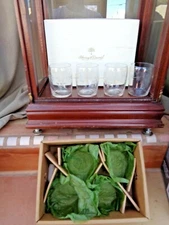 Harry & David set of 4 grape etched glass slight tint  with storage box L@@K