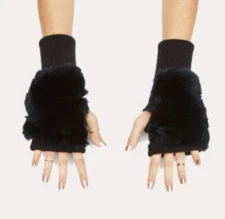 JOCELYN FAUX FUR TOPPED ACRYLIC KNIT FINGERLESS MITTENS GLOVES BLACK NWOT