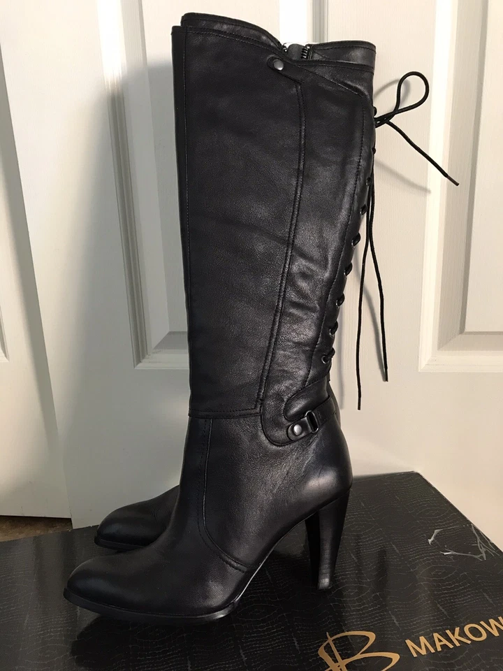 Botas Altas B Makowsky ~ Cuero Negro Cordones Corsé Espalda ~ Necesita Reparación de Cremallera Foto 4 de 4