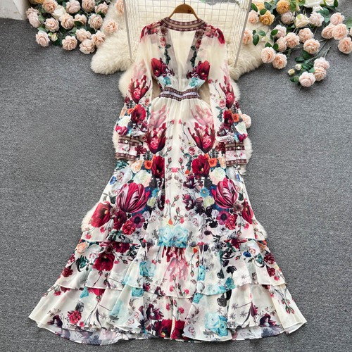Lady Boho Floral Chiffon Dress Long Sleeve V-neck Button A-line Swing Party Chic - Picture 13 of 14