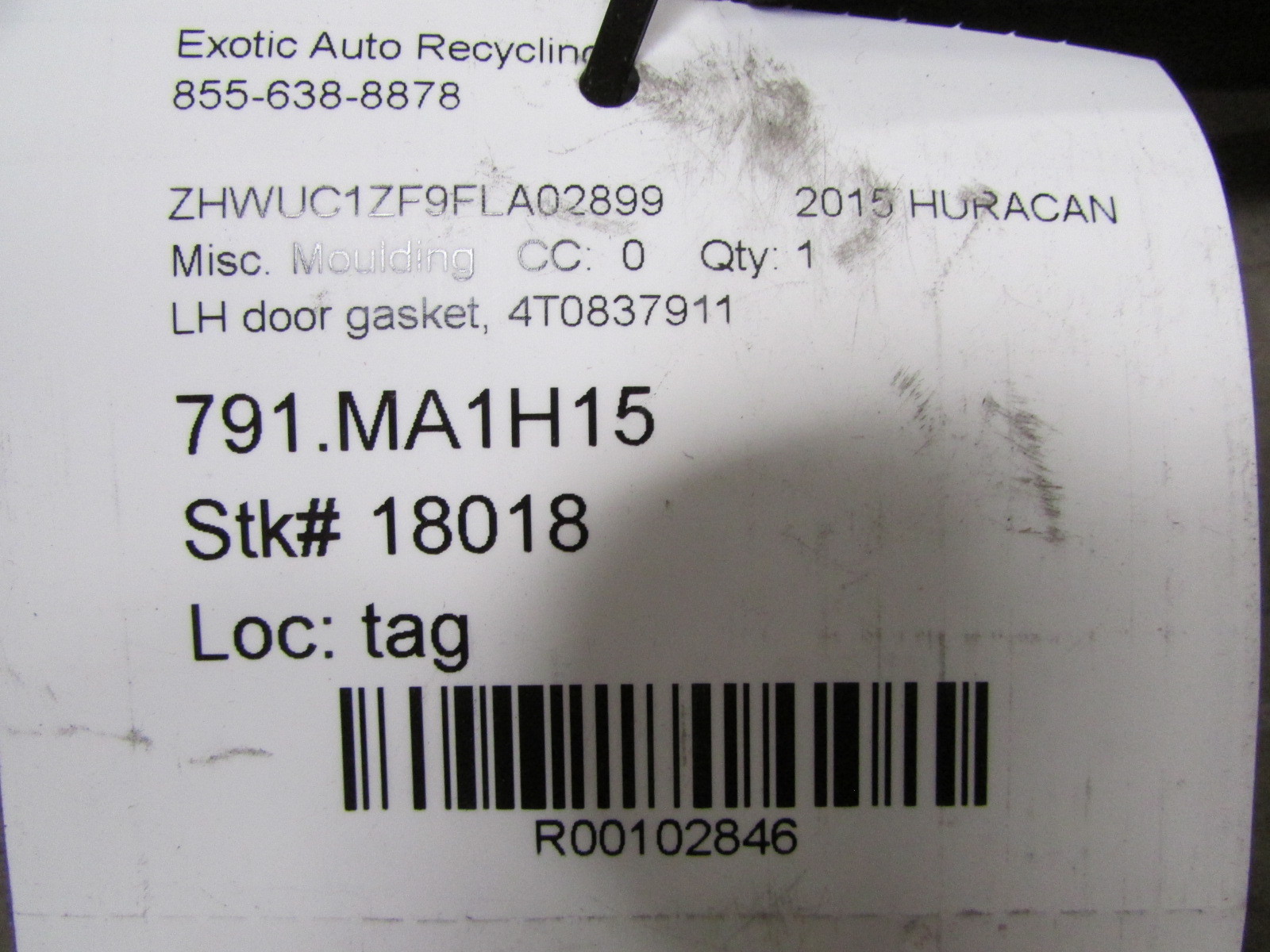 Lamborghini Huracan, LH, Left Door Inner Seal Moulding, Used, P/N 4T0837911