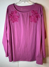 DG2 by Diane Gilman Women's 2X Pink Embroidered Long Sleeve T-Shirt Top NWT