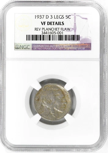 1937-D 5C 3 LEGS Buffalo Nickel NGC VF Details Rev Planchet Flaw