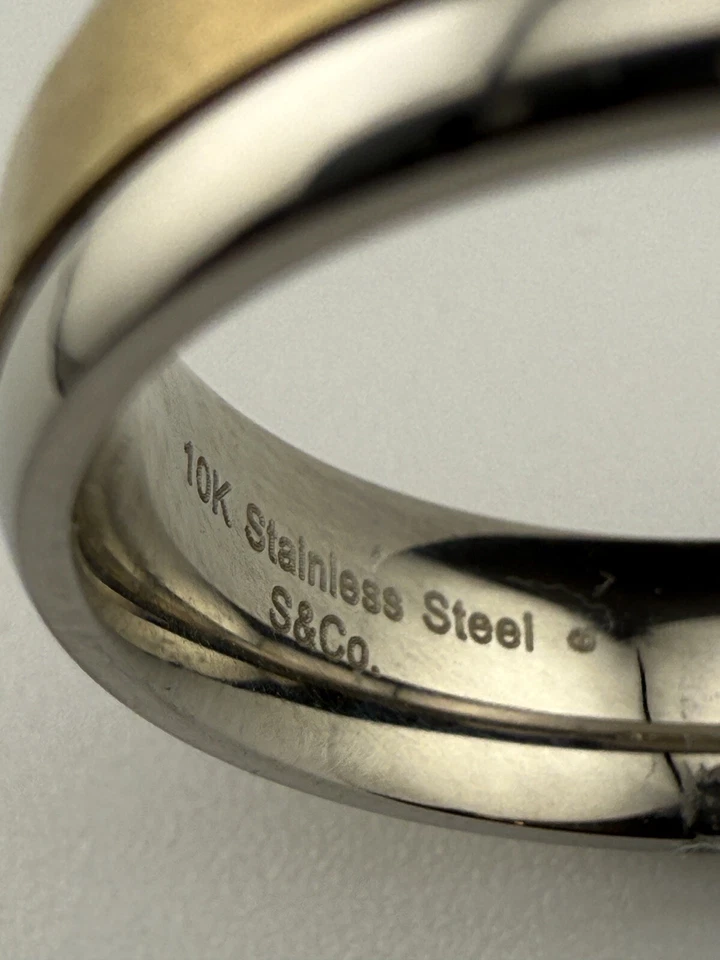 10k Gold & Stainless Steel Solitaire Natural Diamond Men's Wedding Band Size 12 - Image 4 of 4