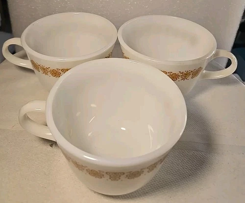 3 Pyrex Corning Milk Glass  Butterfly Gold Coffee Tea Mugs Cups Corelle VTG USA