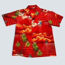 Vintage Hawaiian Shirt Made In Hawaii 1970s Sailboat Clouds 70s Medium