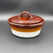 Vintage 3 Tone Pottery Oval Individual Casserole Small Baking Dish w/ Vented Lid