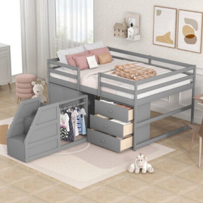 Full Size Loft Bed with Desk Storage Cabinets Staircase Wood Platform Bed Frames