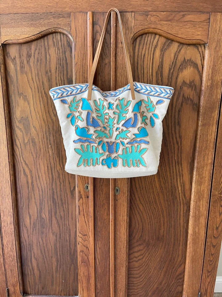 Steven by Steve Madden Ivory Cream Embroidered and Beaded Canvas Beach Tote Bag - Image 2 of 4