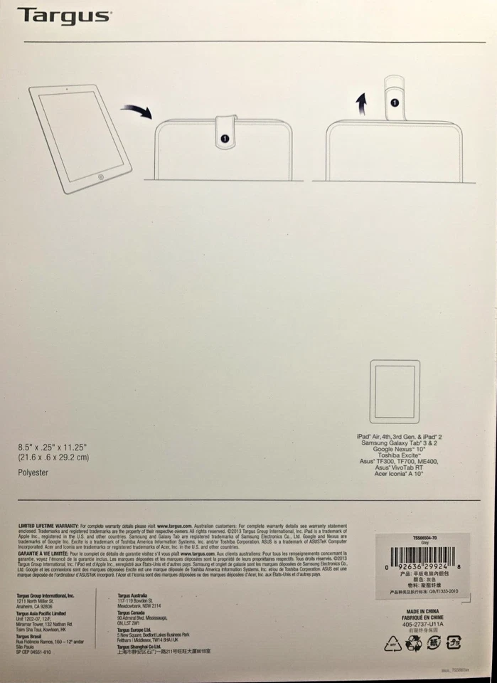 TARGUS T-1211 TABLET SLEEVE * Gray * Fits Most 10 in. Tablets * TSS66504-70 - Image 4 of 4