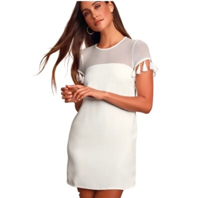 Lulu's Iced Latte White Mini Shift Dress Short Tassel Sleeves
